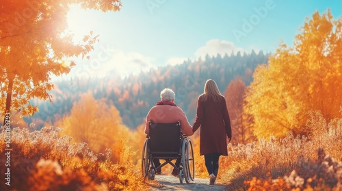 A person in a wheelchair with a friend walking beside them on a sunny day, symbolizing support, friendship, and inclusive companionship. --chaos