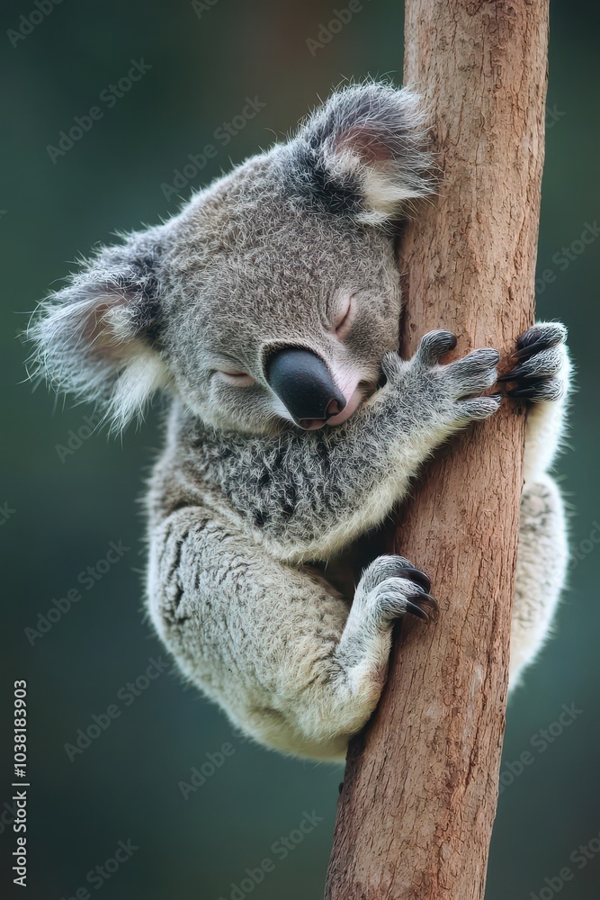 Naklejka premium Sleepy Koala Clinging to Eucalyptus Tree Close Up