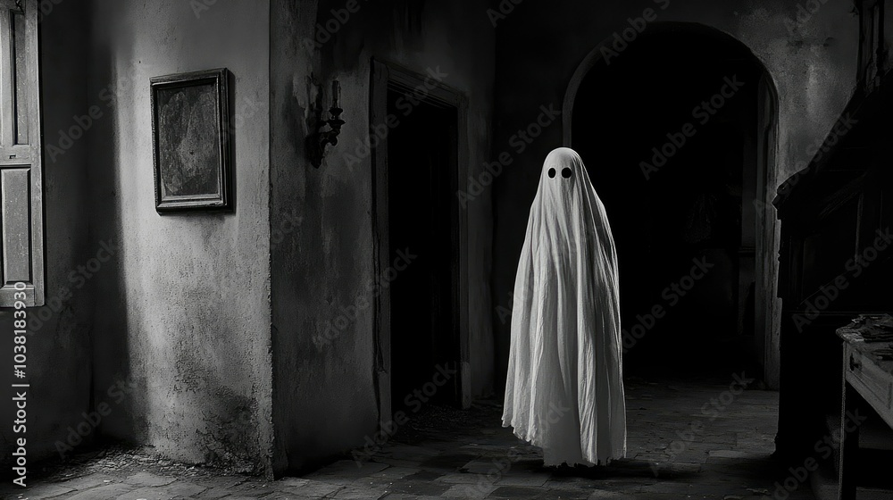 A person in a white sheet ghost costume with eye cutouts stands in an abandoned house, casting eerie shadows on the walls. --chaos A person in a white sheet ghost costume with eye cutouts stands in an abandoned house, casting eerie shadows on the walls. --chaos