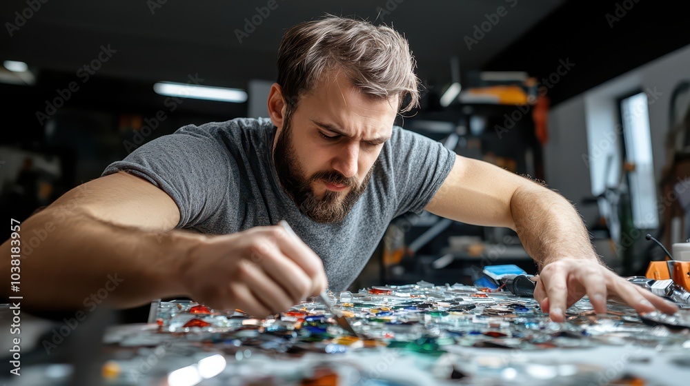 Expert Male Stained Glass Restorer Skillfully Repairs Historical Church Window with Delicate Colored Glass Pieces Expert Male Stained Glass Restorer Skillfully Repairs Historical Church Window with Delicate Colored Glass Pieces