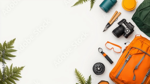 Essential Adventure Equipment for Camping and Climbing - Backpack, Camera, Tools, and Gear on White Background photo