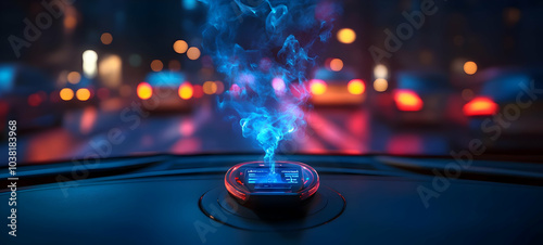 Car Air Freshener with Blue Smoke in Night City. photo