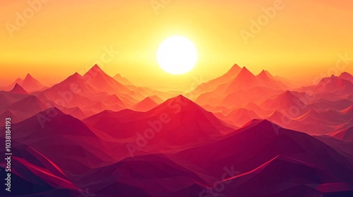 vibrant sunrise illuminating a multicolor geometric mountain range, simple and modern abstract landscape