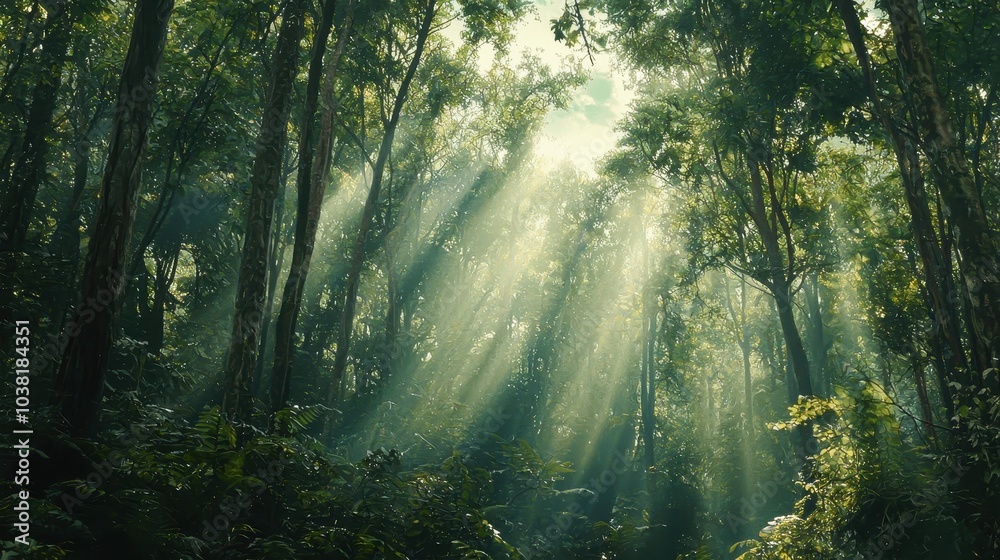 Obraz premium Serene Forest with Sunlight Streaming Through Trees