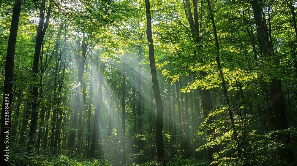 Fototapeta premium Sunlight Filtering Through Dense Forest Trees