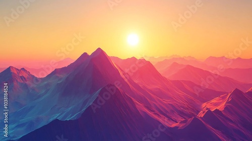 radiant sunrise over a geometric mountain range, capturing the beauty of minimalistic and colorful nature