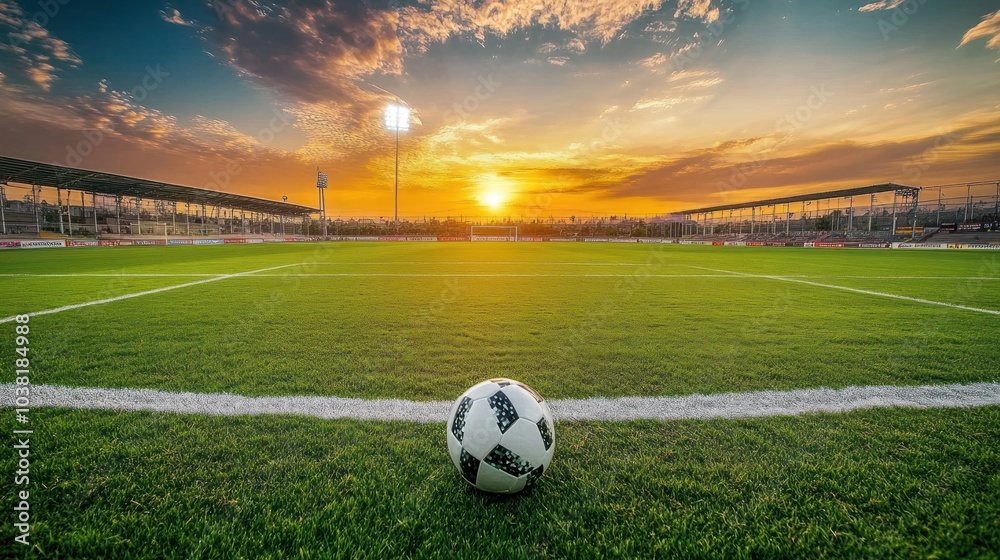 Fototapeta premium Soccer Ball on the Field at Sunset