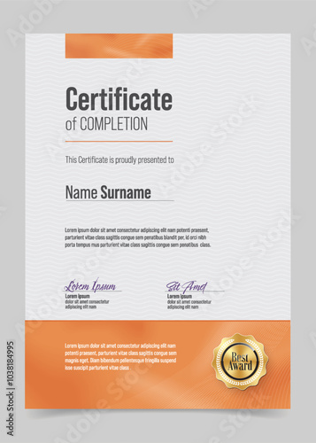 Certificate Training Template. Modern Elegant Clean Business Diploma with Luxurious Gold Award Badge. 