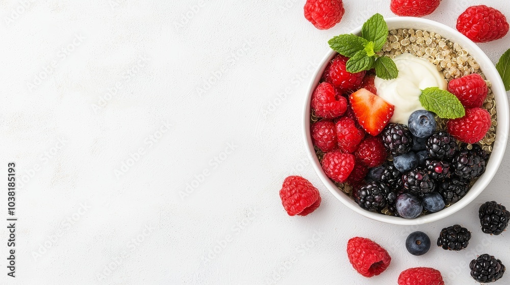 Healthy Lunch Break: Fresh Berries and Yogurt in a Bowl on a White Background with Copy Space
