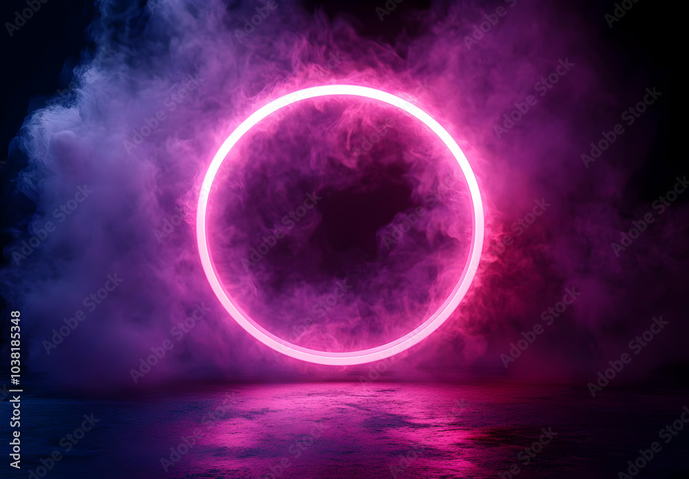 Fototapeta premium Neon Circle with Smoke and Reflection.