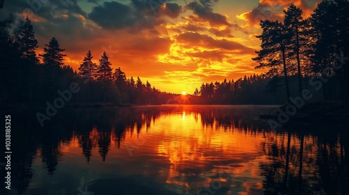 serene sunset reflecting on a tranquil lake with tree silhouettes, peaceful evening nature scene using AI