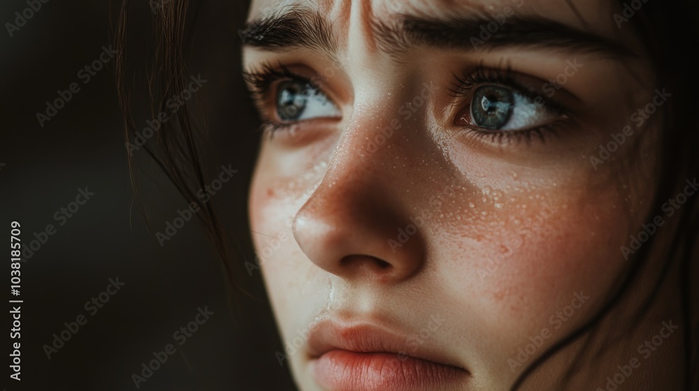 Fototapeta premium Close-up of a young womanâ€™s face with tears.