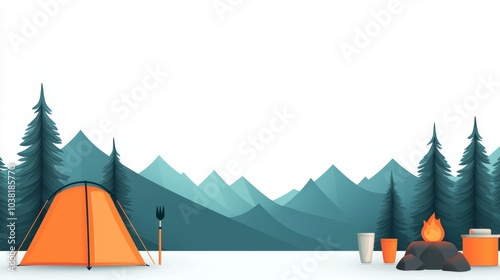 Adventure Equipment for Camping and Climbing in Scenic Mountain Landscape with Tent and Campfire photo