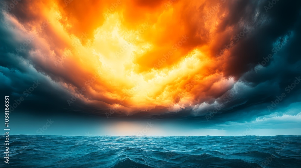 Obraz premium Dramatic sky with vibrant orange and dark clouds over a tranquil sea.
