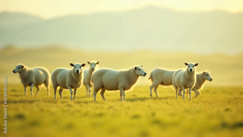Obraz premium Tranquil Scene of Sheep Grazing in Open Pastures, Celebrating the Beauty of Nature and Pastoral Life
