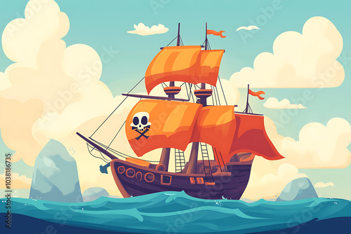 A colorful pirate ship sailing on a calm sea with clouds in the background.