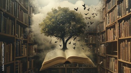 Concept of knowledge: a tree and birds emerging from an old book in a library. -- photo