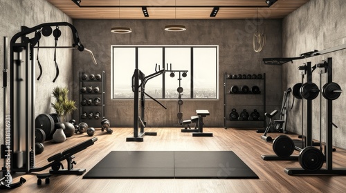 A comprehensive home gym in a spacious room, Exercise equipment and accessories systematically placed, Contemporary fitness style photo