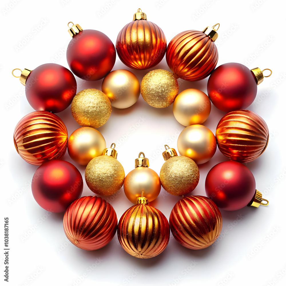 A set of shiny red and gold Christmas baubles arranged beautifully