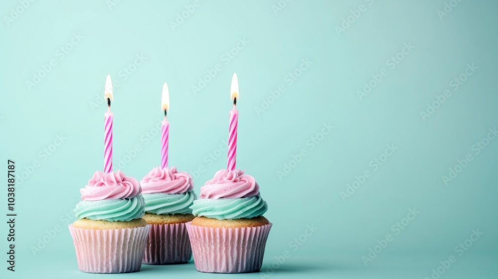 Colorful Cupcakes with Lit Candles Against a Pastel Background for Birthday Party Celebrations Colorful Cupcakes with Lit Candles Against a Pastel Background for Birthday Party Celebrations