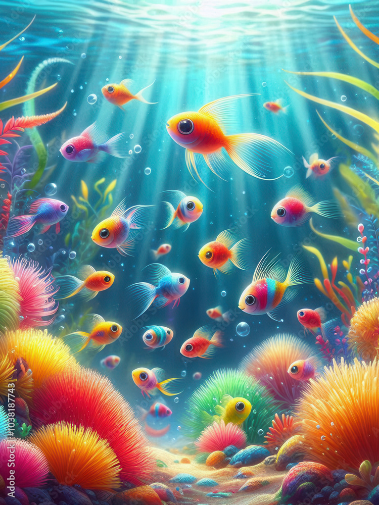 Fototapeta premium Playful fish fry swimming joyfully among colorful underwater plants and coral reefs
