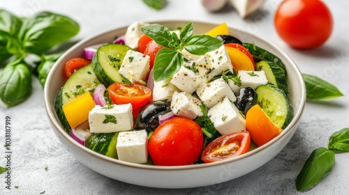 Fresh Salad with Feta and Herbs on Minimalist Background