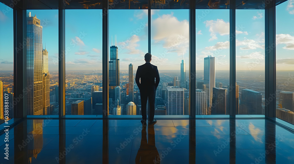 Fototapeta premium Businessman Looking Out Over Cityscape.