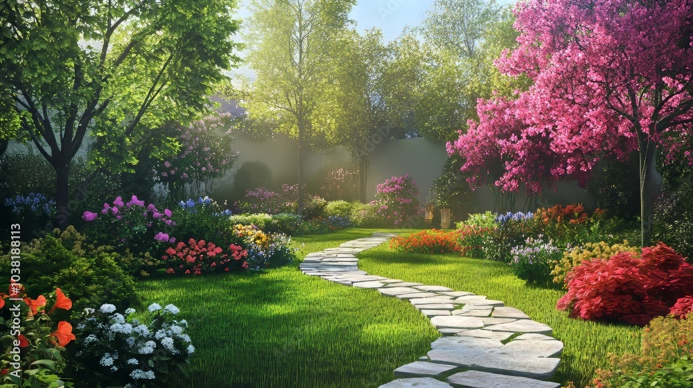 Fototapeta premium Garden with vibrant flowers in full spring bloom, offering a beautiful view