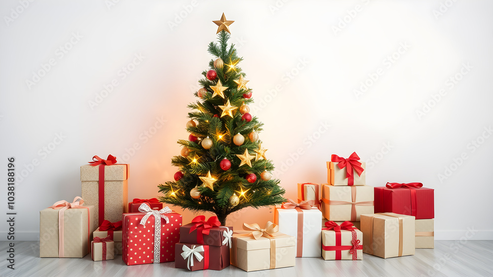 Christmas tree and gift wrapping on white background. Generative AI Christmas tree and gift wrapping on white background. Generative AI