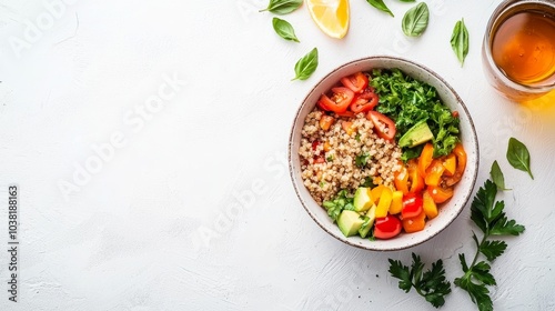 Healthy and Colorful Quinoa Salad with Fresh Vegetables on a White Background During Lunch Break