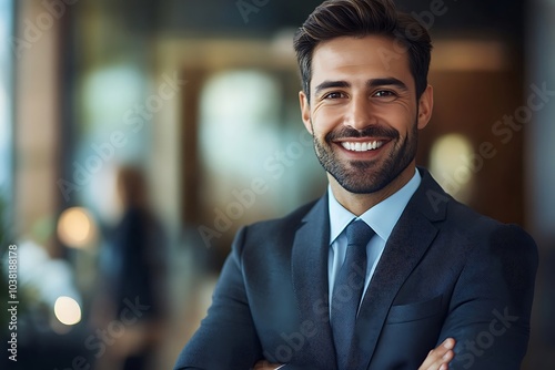 Confident Businessman in Office Setting Smiling Portrait