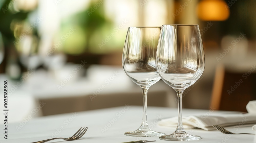 Elegant Dinner Setting with Wine Glasses on a White Tablecloth in a Modern Restaurant Elegant Dinner Setting with Wine Glasses on a White Tablecloth in a Modern Restaurant