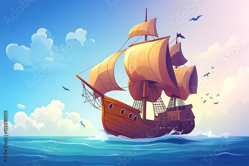 A vibrant sailing ship with billowing sails navigating through calm waters under a blue sky.