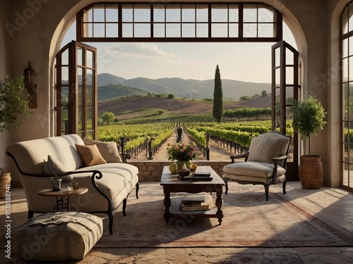 a photorealistic mockup of a cozy Provençal living room, with light, airy fabrics, a vintage chaise lounge, and decorative elements like wrought iron accents and floral patterns. Include a window view