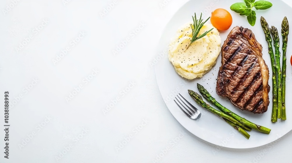 Elegant Dinner Concept with Grilled Steak, Mashed Potatoes, Asparagus, and Tomato on White Plate