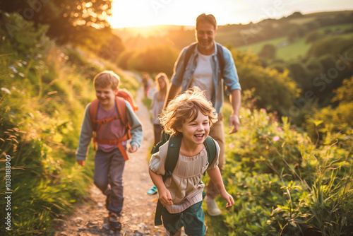 Happy family enjoying an outdoor adventure together, A joyful child leads a family hike along a countryside trail, bathed in the warm light.