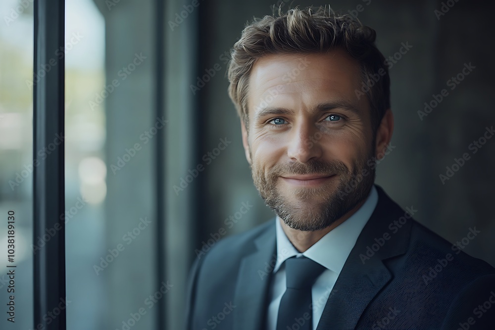 Confident Businessman in Suit Near Window Looking Approachable Confident Businessman in Suit Near Window Looking Approachable