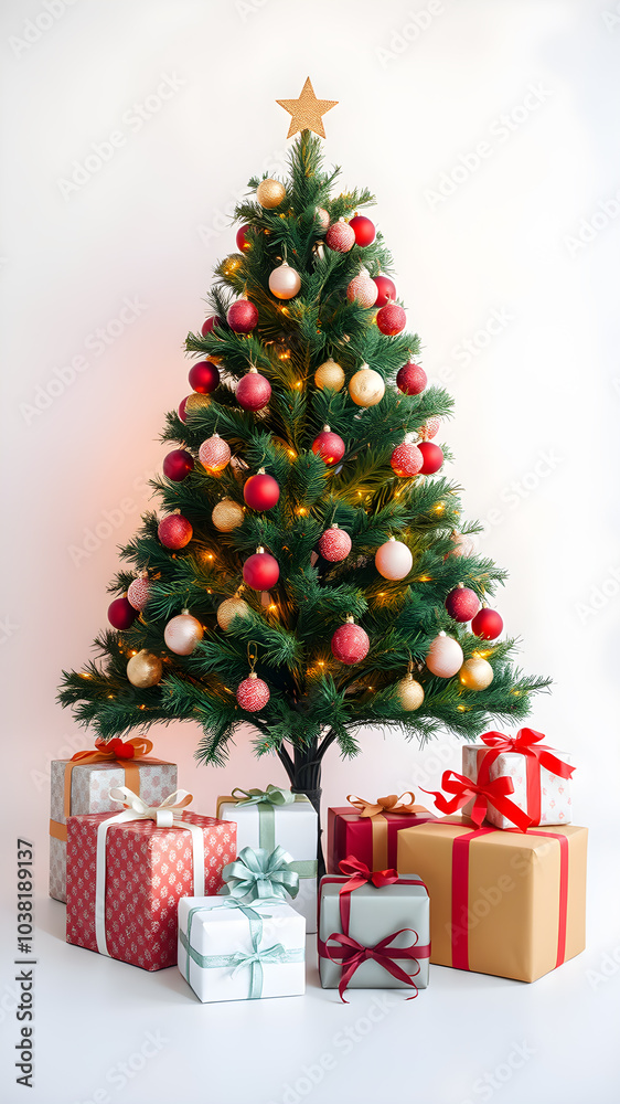 Christmas tree and gift wrapping on white background. Generative AI Christmas tree and gift wrapping on white background. Generative AI