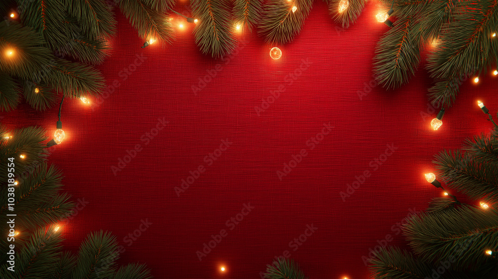 Red Christmas Background with Golden Lights and Green Pine Branches Frame on Canvas Texture, Ideal for Holiday Card Templates and Copy Space Concepts Red Christmas Background with Golden Lights and Green Pine Branches Frame on Canvas Texture, Ideal for Holiday Card Templates and Copy Space Concepts