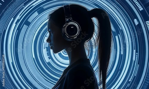 silhouette of a woman against a background of spinning rings