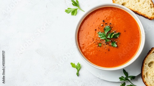 Delicious Tomato Soup with Fresh Parsley and Bread Slices on a White Background - Perfect Dinner Concept