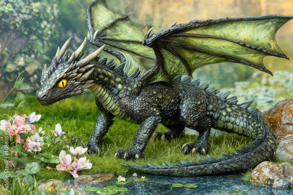 A detailed dragon figurine stands in a lush, vibrant setting with flowers and water, showcasing artistry in fantasy design.
