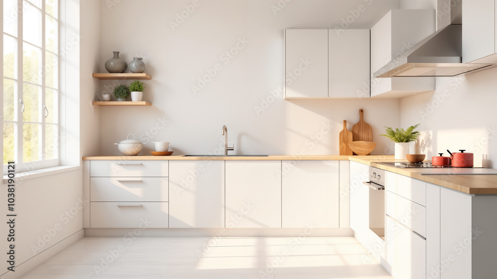 Fototapeta premium A Dazzling White Kitchen Adorned with Purple, White, and Red Accents, a Paradise for Culinary Creativity