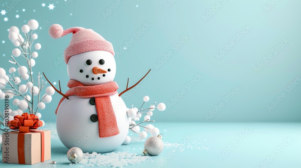 A snowman with a pink hat and red scarf stands in a snowy scene with a gift box and ornaments. A snowman with a pink hat and red scarf stands in a snowy scene with a gift box and ornaments.