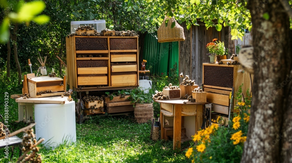 A cozy beekeeping apiary with beehives and pollinator-friendly plants, Beekeeping tools and buzzing bees meticulously arranged, Sustainable apiary style A cozy beekeeping apiary with beehives and pollinator-friendly plants, Beekeeping tools and buzzing bees meticulously arranged, Sustainable apiary style