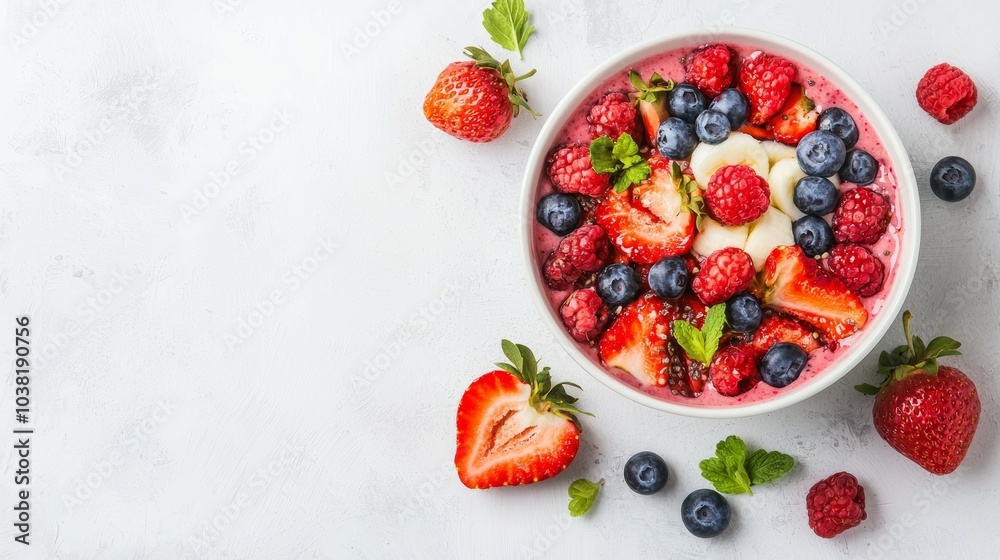 Healthy Lunch Break with Fresh Berry and Banana Smoothie Bowl on a Light Background Healthy Lunch Break with Fresh Berry and Banana Smoothie Bowl on a Light Background