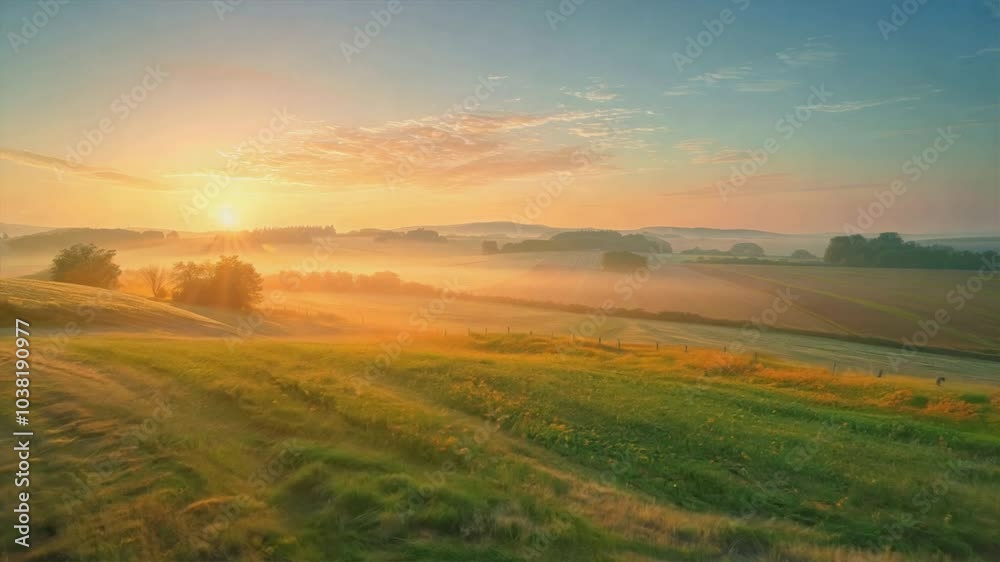 Serene sunrise over misty hills and vibrant fields, where nature awakens in tranquility, as sunlight bathes landscape in warm hues, creating peaceful morning scenery. Serene sunrise over misty hills and vibrant fields, where nature awakens in tranquility, as sunlight bathes landscape in warm hues, creating peaceful morning scenery.