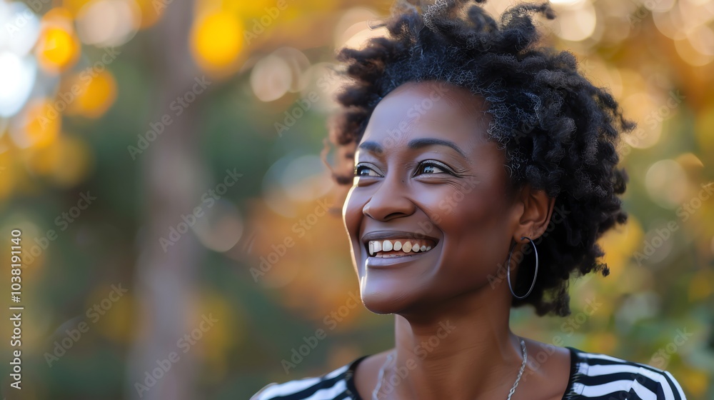 A close-up portrait of a woman with a big, bright smile.