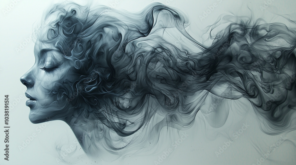 monochrome portrait of a woman with flowing smoke-like hair in a tranquil state monochrome portrait of a woman with flowing smoke-like hair in a tranquil state