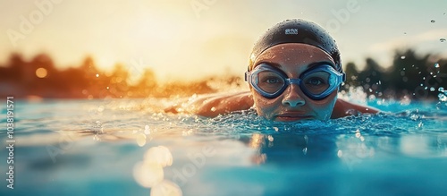 A person swimming in an outdoor pool, wearing swim goggles and a cap with water droplets splashing around them.  photo